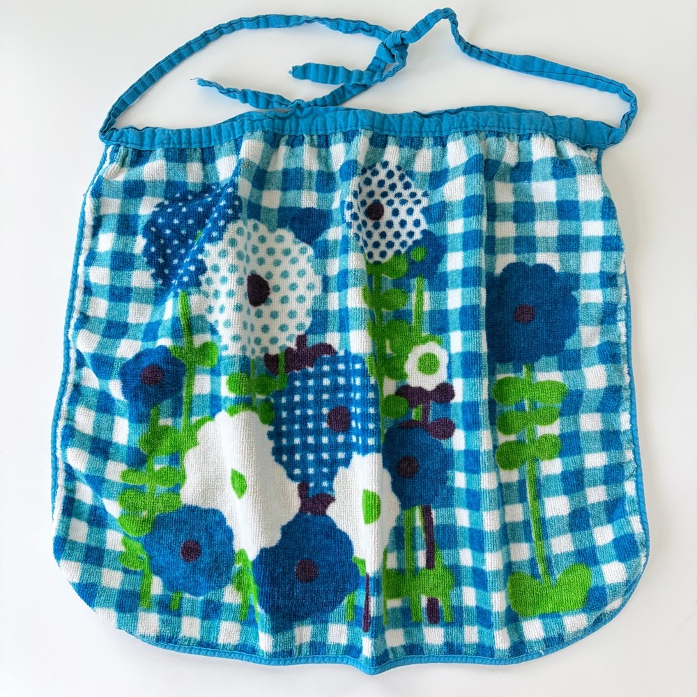 Vintage Royal Terry of California Blue Gingham Mod Floral Terry Cloth Half Apron